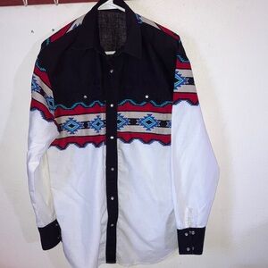 Vintage Handsewn‎ 90’s Western Long Sleeve Pearl Snap Shirt Black White Red Blue
